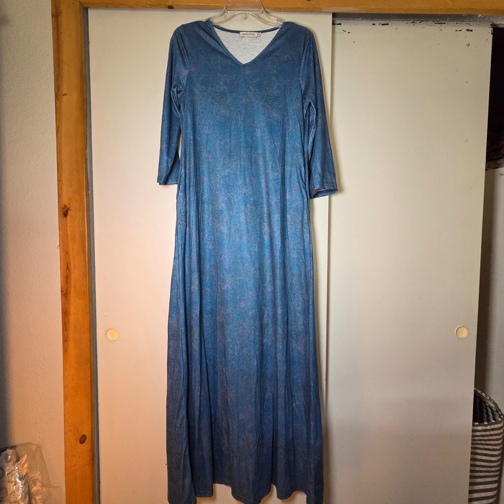 Mislook Women's Maxi Dress Size Small Blue Bohemian Resort 3/4 Sleeve Cotton
